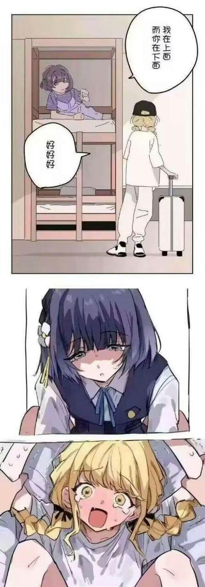 这是一组由三格画面组成的二次元风格连环漫画，第一格场景设定在宿舍内，紫发女生坐在上铺床位，拖着行李箱的金发女生站在地面，对紫发女生说道“我在上面 而你在下面”，紫发女生回应“好好好”；第二格是紫发女生的特写，她面色潮红、眼神迷离，神态暧昧；第三格是金发女生的画面，她双眼含泪、大张着嘴，表情激动且带着委屈感，身体处于下方位置。这组漫画利用“上下”一词的双关含义制造强烈反差笑点，原本指代宿舍床位的上下铺，后续画面则暗示了带有性暗示的体位上下，形成了搞笑又略带擦边的趣味效果。