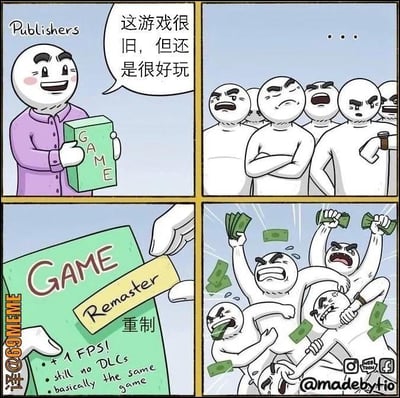 本图以四格漫画方式讽刺了游戏公司通过重制（Remaster）旧游戏来吸引玩家花钱的现象。第一格中发行商称“这游戏很旧，但还是很好玩”，玩家一脸无动于衷。第三格公司把原游戏贴上“重制”标签，即使实际内容变化很小，玩家们瞬间疯抢买单。漫画夸张表现了重制版游戏即便改动有限，也会引发玩家的抢购热潮。

暗示层面：此图以搞笑方式讽刺了游戏行业常见的“炒冷饭”现象，以及玩家“真香”反应，有自嘲成分。