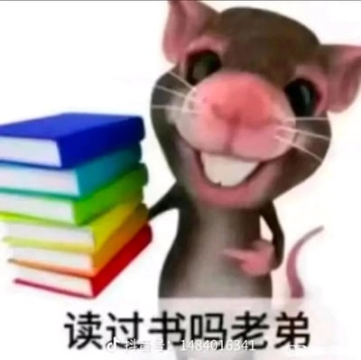 这是一张用于社交聊天的搞笑表情包，画面主体是一只3D风格的卡通老鼠，它有着粉色的鼻子和耳朵，咧嘴露齿，表情既得意又带着一丝挑衅。老鼠的一只手搭在身旁堆叠的彩色书堆上，书堆由蓝、青、绿、黄、橙、红六种颜色的书组成，另一只手抬起指向自己。图片底部配有醒目的黑色文字“读过书吗老弟”，结合老鼠与书堆的元素，以戏谑的语气向对方发出调侃，营造出一种“我有文化，你呢”的炫耀感，适合在聊天场景中用来开玩笑、呛声或是调侃他人没文化。