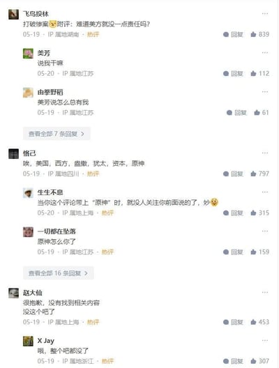 这是一张竖屏的社交媒体评论区截图，展示了网友们的多组趣味互动：
1. 谐音梗玩梗：用户“飞鸟投林”提问“难道美方就没一点责任吗？”，用户“美芳”因为名字谐音“美方”，回复“说我干嘛”，另一位用户“由拳野稻”接梗“美芳说怎么总有我”，形成了谐音梗趣味互动；
2. 原神焦点转移：用户“恪己”的评论里将“原神”和其他词汇并列，立刻让评论焦点转移，用户“生生不息”调侃“当你这个评论带上‘原神’时，就没人关注你前面说的了”，用户“一切都在坠落”反问“原神怎么你了”，体现了原神在网络上的高关注度；
3. 贴吧封禁相关：用户“赵大仙”和“X Jay”提到“没这个吧了”“整个吧都没了”，暗示某个贴吧被封禁，引发网友的调侃。
整个评论区充满了轻松搞笑的玩梗氛围，是网络社区常见的趣味互动场景。