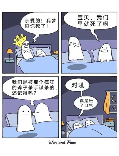 这是一幅四格漫画，描绘了两个幽灵情侣的睡前对话。第一格中，一个幽灵从床上惊坐起来，大喊："亲爱的！我梦见你死了！"，头上还有"哇啊"的惊叹符号。第二格中，另一个幽灵淡定地回应："宝贝，我们早就死了啊"。第三格中，第一个幽灵提醒道："我们是被那个疯狂的斧子杀手谋杀的，还记得吗？"。第四格中，第二个幽灵恍然大悟："对吼"，随后两个幽灵都躺下，第二个幽灵说："真是松了口气"。漫画通过幽灵忘记自己已死的设定制造黑色幽默效果。