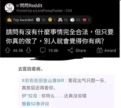 这张图由Reddit上的一个热门提问和中文网友的神评论拼接而成。上半部分提出了一个哲学式搞笑问题：“有没有什么事完全合法，但你真的做了，别人就会觉得你有病？”下半部分网友用直球方式回复“去医院看病”，随后有评论者幽默跟进，戏谑了网友问答风格并附带吐槽。整体气氛轻松，有点冷幽默和自嘲成分。这里亦包含“菊花出气只图一乐”这种带有谐音、双关的梗，指代刁钻、另类的行为。