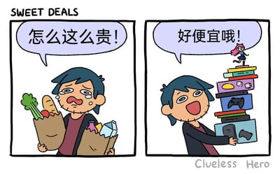 这是一张左右对比的连环卡通图，标题为“SWEET DEALS”。左侧画面中，蓝发角色双手提着装满蔬菜、面包、牛奶等日用品的购物袋，眉头紧皱、嘴角下撇，脸上挂着汗珠，配文“怎么这么贵！”，表现出对日常消费的心疼与无奈。右侧画面中，同一角色兴奋地抱着一摞游戏相关物品（包括游戏主机、手柄、盒装游戏等），眼睛发光、嘴巴大张，配文“好便宜哦！”，头顶还有一个粉色头发的小角色在欢呼跳跃。底部右侧标注“Clueless Hero”。通过强烈的情绪和物品对比，幽默展现了人们对生活必需品和兴趣爱好消费的不同价格敏感度。
