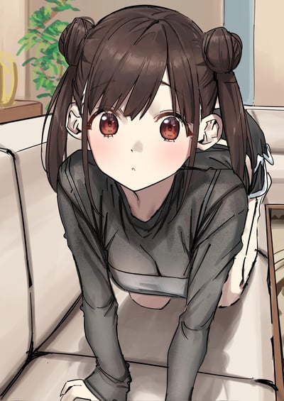 这是一张AI绘制的二次元风格插画，画面中的双丸子头棕发少女有着红棕色的大眼睛，脸颊带着淡淡的红晕，身着灰色短款上衣，正趴在浅色沙发上，眼神懵懂地看向镜头。背景里能看到室内的绿植与家具，整体氛围温馨治愈，充满软萌感。