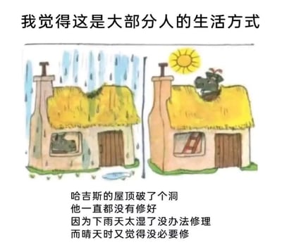 图片上方有文字“我觉得这是大部分人的生活方式”，下方是左右对比的漫画。左侧画面中，茅草屋顶的房子正在下雨，屋顶有破洞，哈吉斯从窗户向外看；右侧画面中，天气晴朗，太阳高照，哈吉斯坐在屋顶的破洞处。漫画下方配有文字解释哈吉斯因雨天太湿、晴天没必要而一直没修屋顶的情况，暗讽拖延的生活态度。
