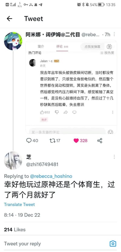 这是一张X（原Twitter）平台的竖屏手机截图，展示了推文评论区的搞笑玩梗内容。热评用户Jalan丶c分享了一段极其惊悚的“车祸断头”经历，描述了自己头被铁皮切断后的身体感受；而用户“芝”则在下方回复玩梗，称“幸好他玩过原神还是个体育生，过了两个月就好了”，用完全不符合逻辑的理由制造出荒诞的反差感，调侃“原神玩家”和“体育生”的特殊体质梗，让人觉得离谱又好笑。