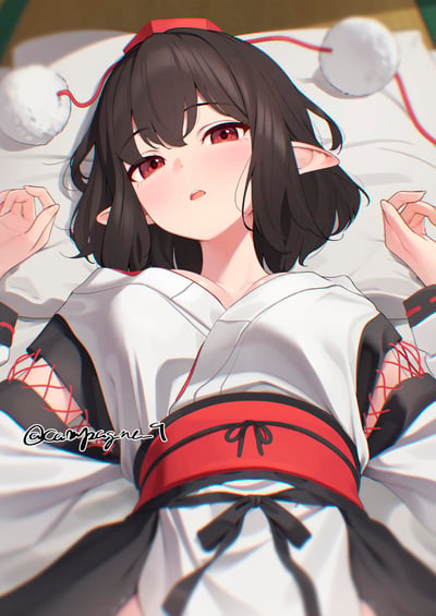 Anime-style illustration of a young girl with short black hair, red eyes, and pointed ears lying on a bed. She is wearing a white traditional outfit with red accents and a red ribbon in her hair. Her expression appears relaxed and content as she rests with her hands gently raised near her head. The image has soft lighting that creates a warm atmosphere.