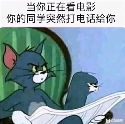 这是一张经过P图改编的搞笑表情包，以经典动画《猫和老鼠》中的汤姆猫为原型进行创作。图中的汤姆猫眉头紧皱、眼神凶狠，满脸都是烦躁与不满的神情，身体部分被修改为类似手持物品接电话的姿态，生动表现出被打断时的糟糕情绪。图上方配有文字“当你正在看电影你的同学突然打电话给你”，精准戳中人们在沉浸于休闲娱乐时被突然打扰的烦躁体验，用夸张的卡通形象放大了日常里的小恼火，很容易引发共鸣。