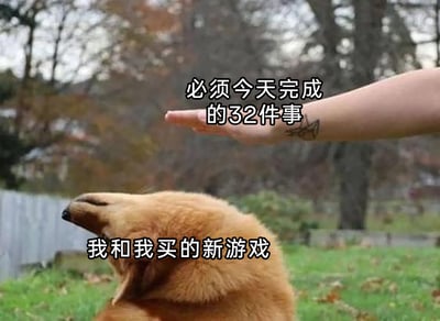 这是一张搞笑网络梗图，画面呈现户外草坪场景，一只金毛犬的头部被一只手按压住，头部被迫偏移。图中添加了两处文字：上方的手旁配文“必须今天完成的32件事”，指代生活中堆积如山的待办任务；下方的狗狗旁配文“我和我买的新游戏”，将玩家与新游戏拟人化为被压制的狗狗。整个画面生动形象地刻画出游戏玩家面对大量待办任务，满心只想玩新游戏却被现实任务束缚、无法如愿的无奈又好笑的状态，精准戳中游戏玩家的日常痛点，极易引发同类人群的情感共鸣。