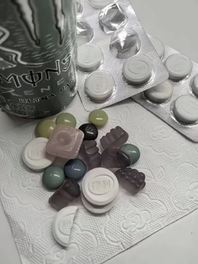 这张图展示了摆放在压花餐巾纸上的物品：左上角露出半罐魔爪Monster能量饮料，后方放着两板拆开的泡罩包装，里面的圆片物品第一眼看起来像药片，实际是无糖薄荷糖，餐巾纸中间散落着多颗不同形状颜色的软糖，还有已经拆出包装的薄荷糖，整体视觉效果很像当代人每天服用多种药物的场景，配合标题调侃了当代人日常靠糖果和提神饮料续命的状态。