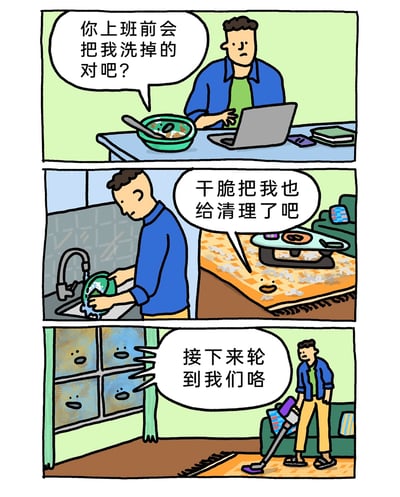 这是一组三格连环卡通漫画，生动描绘了当代打工人上班前的无奈日常：第一格中，男性上班族坐在桌前使用电脑，面前的脏碗被拟人化，开口询问他是否会在上班前把自己洗掉，男人面露无奈；第二格中男人在厨房清洗碗具，而客厅里狼藉的地面和茶几仿佛开口要求他一并清理；第三格中男人拿着吸尘器清理地毯，一旁积灰的柜子也带着表情“提醒”男人接下来该清理自己了，男人的神情愈发疲惫。漫画通过将家务物品拟人化的幽默手法，精准展现了打工人在工作之外还要被各种家务“催工”的疲惫与烦躁，引发同类人群的情绪共鸣。