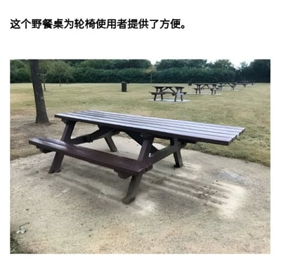 图片展示了一片公园草地场景，前景中有一张深色木质野餐桌，其设计考虑了轮椅使用者的需求，桌下空间宽敞便于轮椅进入。背景中可见多组类似的野餐桌分布在草坪上，周围有树木和灌木丛。图片上方配有文字说明：'这个野餐桌为轮椅使用者提供了方便。' 整体画面清晰，突出了无障碍设施的实用性。