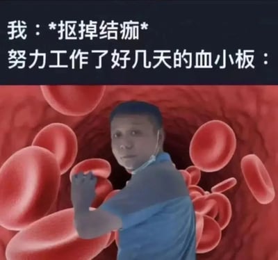 这张梗图通过幽默方式展现了一个常见的生理现象。图片上方文字分为两部分："我：*抠掉结痂*"和"努力工作了好几天的血小板："。下方画面将一位表情震惊的人物形象P在了血管内部场景中，周围环绕着许多红细胞，以此拟人化表现血小板看到人类抠掉结痂时的反应，暗喻血小板辛苦工作形成的血痂被轻易破坏的无奈。