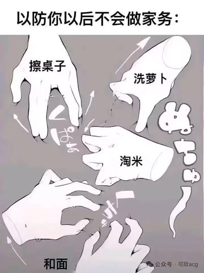这是一张主打谐音双关反差感的搞笑梗图，图上方用正经的语气配文“以防你以后不会做家务：”，下方展示了五个不同的手绘手部动作，分别标注了“擦桌子”“洗萝卜”“淘米”“和面”这些日常家务的名称。但实际上这些手部动作并非真正的做家务姿势，而是在模仿日语假名或拟声词的形态，比如“擦桌子”的手势对应日语的“くぱー”、“洗萝卜”对应“ゅぅ”、“和面”对应“すと”，用教做家务的正经包装来掩盖日语文字手势的玩梗本质，形成强烈的反差感，达到搞笑的效果，让观众产生“被欺骗”的趣味体验。