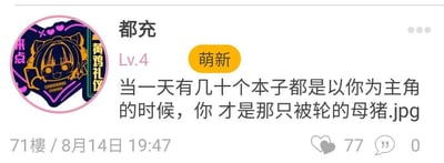 这是一张二次元社区论坛的楼层截图，展示了ID为「都充」、等级4级、带有「萌新」标识的用户发布的评论。用户头像为一个带有粉色爱心装饰的卡通女孩形象，头像上还带有「来点」「黄鸡礼仪」「OHHHHHH OHHHH」的文字。评论内容为「当一天有几十个本子都是以你为主角的时候，你 才是那只被轮的母猪.jpg」，这条评论位于71楼，发布时间为8月14日19:47，获得77个点赞，0条评论。其中「本子」是ACG圈对同人色情漫画的俗称，用户以夸张、自嘲的语气调侃自己成为大量这类同人创作主角时的处境，属于低俗的玩梗内容。