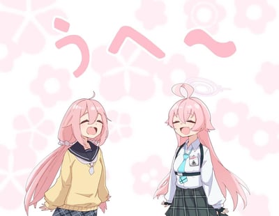 这是一张ACGN跨作品二创插画，将《摇曳露营△》的各务原抚子与《蔚蓝档案》的小鸟游星野并列呈现。两人都有着标志性的粉色低双马尾，此刻均闭着眼睛，大张嘴巴，同步做出慵懒的呼喊/打哈欠姿态，上方的日文「うへ～」强化了这种软萌慵懒的氛围，背景是淡粉色樱花图案，整体画风治愈可爱。
无特殊双关或谐音梗，仅为外形相似的角色趣味联动。