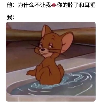 这张梗图上方是对话文字“他：为什么不让我💋你的脖子和耳垂”和“我：”，下方配图是《猫和老鼠》中的小棕鼠坐在有水的水槽里，表情调皮，耳朵竖起，嘴角上扬，眼神带着一丝狡黠。通过可爱的卡通形象和文字结合，幽默地表达了面对亲密请求时的调皮或尴尬反应。