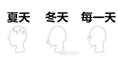 这是一张左右对比的黑白线稿图文图，画面从左到右分为三个区域，上方分别标注“夏天”“冬天”“每一天”的文字，下方对应三个侧面人头线稿：左侧“夏天”的人头额头有三滴汗珠，表现夏季炎热带来的生理不适；中间“冬天”的人头鼻子下方有一滴鼻涕，体现冬季寒冷的状态；右侧“每一天”的人头脸颊处有一滴眼泪，用这种对应季节的生理反应，夸张地调侃了当代人无论什么季节，日常都充满了让人难过、emo的情绪，精准戳中了打工人和普通人全年都被疲惫与负面情绪围绕的生活状态，引发情绪共鸣。