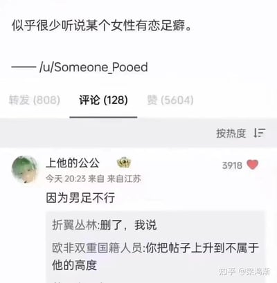 这是一张社交平台的评论截图，顶部是Reddit用户/u/Someone_Pooed提出的疑问：“似乎很少听说某个女性有恋足癖”。下方热评区用户“上他的公公”用一句“因为男足不行”玩谐音梗，将恋足癖的“足”与男子足球的“足”关联，调侃男足的表现，该评论获得高赞。下方还有其他用户的调侃评论：“删了，我说”“你把帖子上升到不属于他的高度”，整体是网友用热点梗抖机灵的互动内容。
双关说明：这里的“足”是双关语，既指恋足癖所指的人体足部，又指代男子足球，通过男足的负面口碑来趣味化回答原问题，属于玩梗式的幽默回复。