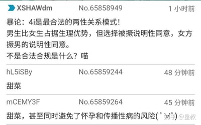 这是一张社交媒体评论区截图，展示了三条关于两性关系的讨论内容。第一条评论由用户“XSH AWdm”发布，提出“4i是最合法的两性关系模式”的争议观点，认为选择行为即代表性同意。随后有用户“hL5iSBy”和“mCEMY3F”分别以“甜菜”二字和补充评论回应，后者还添加了一个笑脸表情。截图右下角有“知乎@皇叔”的水印。