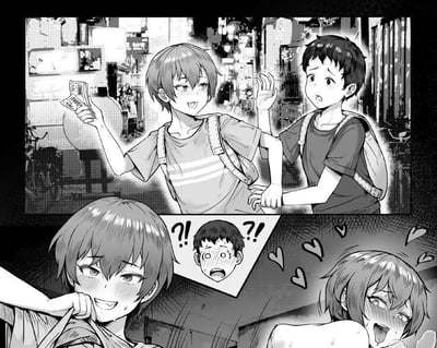 这是一组由上下两部分组成的黑白原创漫画分镜，描绘了充满戏剧性的日常反转场景：上半部分的场景设定在夜晚的城市街道，一个背着背包的短发角色举着钞票，脸上满是得意的神情，身旁的另一个背包男孩伸手试图阻止他，表情带着担忧；下半部分则是剧情反转，这个短发角色被扯住衣服，脸红流汗，表情窘迫又带着害羞，中间的小分镜里是那个男孩震惊到五官变形的表情，右下角的短发角色则满脸红晕，周围飘着爱心，呈现出兴奋的神态，暗示该角色对男孩抱有好感，或是被发现了隐藏的性别秘密，让原本普通的日常瞬间变得充满戏剧性。