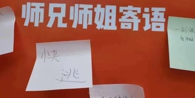 一张校园场景的照片，橙色背景墙上用白色大字写着“师兄师姐寄语”，下方贴有多张手写便签。其中最显眼的一张白色便签上用黑色马克笔写着“快逃”两个大字，字体潦草随意，旁边还有部分被遮挡的绿色便签，隐约可见“一起做...奇MA...”等模糊字迹。整体给人一种师兄师姐用幽默调侃的方式给学弟学妹“劝退”建议的感觉，充满校园生活气息和轻松诙谐的氛围。