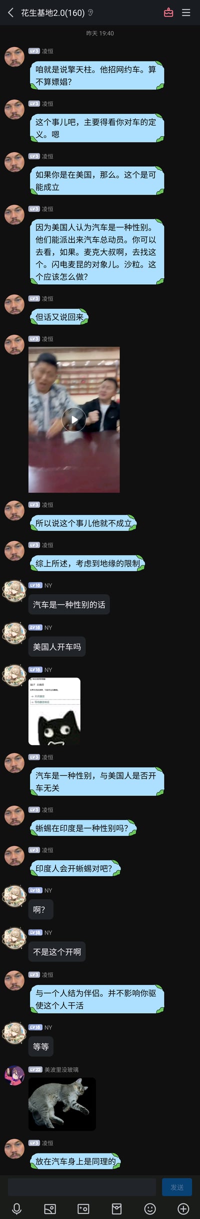 这是一张名为“花生基地2.0”的群聊截图，群成员凌恒抛出一个无厘头脑洞问题：“擎天柱招网约车算不算嫖娼”，随后展开离谱的讨论：先是提出“在美国因为将汽车定义为一种性别，这个说法可能成立”，还关联《汽车总动员》的内容，接着发了一段搞笑视频后又表示这个说法不成立，之后又扯到印度蜥蜴的离谱类比，群成员NY和凌恒围绕“开车”的歧义互动，中间穿插了黑猫烦躁表情包、躺平猫咪图等，整个对话充满无厘头的搞笑脑洞，是群友间的趣味闲聊。