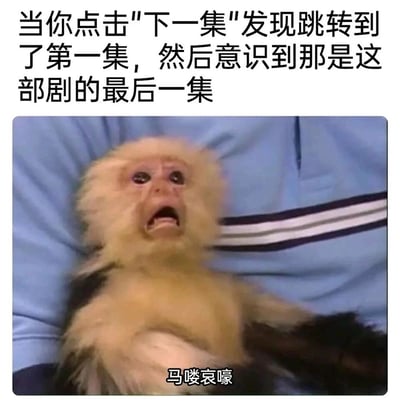 这是一张精准戳中追剧人情绪的网络梗图，上方配文描述了一个扎心的追剧场景：当观众沉浸在剧情中点击“下一集”时，发现跳转回了第一集，这时才反应过来刚刚看完的是剧集的最后一集；下方是一只表情崩溃、大张着嘴的猴子，配文“马喽哀嚎”，用猴子的夸张神态来具象化追剧人此刻不舍、失落甚至崩溃的心情，极易引发喜欢追剧的网友的情绪共鸣。