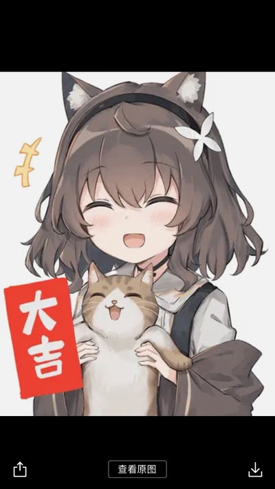 这是一张软萌治愈的二次元插画，画面中戴着猫耳发箍的棕发短卷发少女，双手抱着一只橘白相间的猫咪，少女和猫咪都咧嘴露出开心的笑容，少女身侧的红色牌子上写着“大吉”字样，旁边还有代表好运的符号，整体画风温馨可爱，传递出满满的喜庆与祝福感，非常适合在节日或需要送祝福的场景使用。