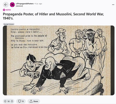 这是一张二战时期(1940年代)的宣传海报，描绘了希特勒和墨索里尼的形象。海报采用黑白线稿风格，画面中有两个主要人物(希特勒和墨索里尼)以及几位戴着帽子的旁观者。海报上有意大利语、英语和法语三种语言的文字，内容涉及对摩洛哥人民的承诺。部分画面内容已被马赛克处理。