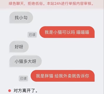 这是一张聊天记录截图，顶部有红色提示文字“绿色聊天，拒绝低俗。本站24h进行举报内容审核。”。聊天界面中，一方（灰色气泡）发送“找小勾”，另一方（红色气泡）回复“我是小猫可以吗 喵喵喵”，灰色气泡回应“好呀”并询问“小猫多大呀”，红色气泡俏皮回复“我是胖猫 给我外卖就告诉你”，最后显示“对方离开了。”，整体充满轻松幽默的氛围。