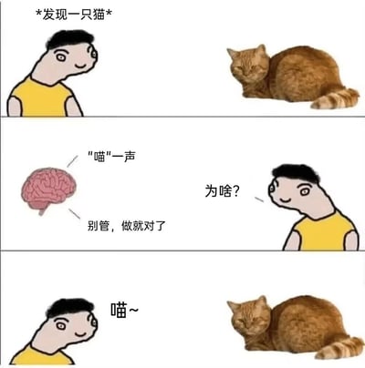 这是一张由三格画面组成的连环搞笑梗图，第一格展示卡通风格的男子发现一只趴在地上的橘猫；第二格呈现男子的脑内互动场景，大脑向男子发出“对着猫喵一声”的指令，男子疑惑询问原因，大脑让他无需质疑直接执行；第三格是男子对着橘猫发出“喵~”的叫声，橘猫则一脸淡定地看向男子。该图以幽默的方式还原了很多人看到可爱猫咪时，会下意识学猫叫的日常小行为，贴近生活又充满趣味。