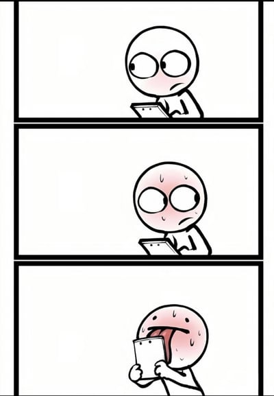 这是一幅三格连环卡通漫画，通过递进的画面展现了一个卡通小人的情绪变化：第一格中小人手持平板，面露疑惑；第二格中小人满脸通红、额头冒汗，表情转为慌张；第三格中小人将平板贴在嘴边，大张着嘴，满脸汗水，情绪彻底崩溃。整幅图没有任何文字，完全依靠角色的表情和动作传递情绪，用来表达看到离谱、震惊的内容时的反应，没有双关、谐音梗等隐含内容。