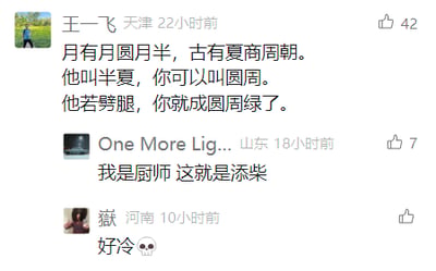 这是一张社交媒体评论区的静态截图，展示了三条来自不同地区用户的互动评论。第一条是来自天津的用户王一飞发布的原创谐音梗冷笑话，以打油诗的形式，通过“半夏”“周圆”的名字谐音“圆周率”的“圆周”，延伸出“圆周绿（谐音圆周率）”的调侃内容，暗指伴侣劈腿后自己被绿的尴尬处境，该评论获得了42个赞；第二条是来自山东的用户One More Lig...以厨师的身份玩谐音梗，用“添柴（谐音添彩）”回应，获得7个赞；第三条是来自河南的用户豳评论“好冷”并配上骷髅表情，吐槽这个冷笑话的尴尬程度。整体呈现了社交平台上用户分享原创冷笑话、其他用户互动调侃的场景。