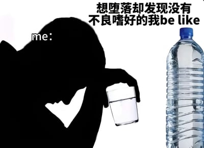 整张图为白色背景的搞笑梗图，左上角是黑色的人物剪影，剪影旁标注文字“me:”，剪影人物手持一杯装有清水的玻璃杯，画面右侧是一大瓶常见的塑料瓶装饮用水，画面上方配文“想堕落却发现没有不良嗜好的我be like”，通过简单的画面组合，用夸张幽默的方式表现了本身没有不良爱好的人想要尝试放纵、“堕落”，却只能选择喝水这种健康行为的无奈又好笑的状态，很容易引发有类似情况的网友共鸣。