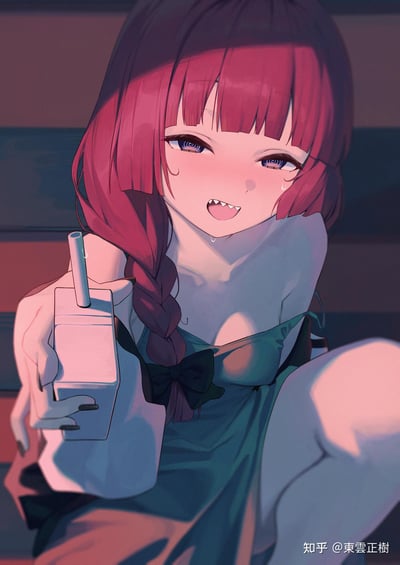 画面呈现一位留着齐刘海、编着单麻花辫的红发卡通少女，她有着辨识度很高的鲨鱼牙，脸颊泛红，眼角挂着汗珠，眼神迷离慵懒，正手持插有吸管的饮料盒，整体场景氛围暧昧又带着羞涩感，仿佛处于私密放松的环境中。