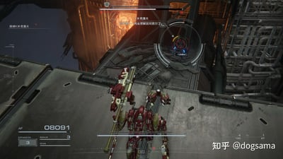 这是FromSoftware开发的机甲动作游戏《装甲核心6：境界天火》的BOSS战截图，玩家操控的红黄色自定义机甲身处充满工业管道与金属结构的昏暗场景中，瞄准远处的BOSS单位V.III 欧基夫，界面显示目标距离为129米。画面上方弹出BOSS的警告台词“也不要……再妄想解放珂若尔了”，左侧任务提示为“除掉V.III 欧基夫”，同时界面展示了机甲的AP值、武器弹药量、速度高度等战斗UI元素，整体氛围紧张，是游戏中关键的BOSS对决环节。