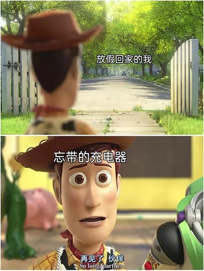 这是一张上下拼接的玩梗图，采用《玩具总动员》中的动画画面创作。上半部分是牛仔角色胡迪背对镜头，面向开阔的林荫回家道路，配文“放假回家的我”，烘托放假返程时的轻松愉快心情；下半部分切换为胡迪错愕、震惊的正面面部特写，配文“忘带的充电器”，底部搭配胡迪的经典台词“再见了 伙伴 So long, partner.”，生动形象地表现出放假到家后才发现充电器被落在原处，只能和充电器分离的懊悔、无奈的心情，很贴近当代人的日常出行痛点。
