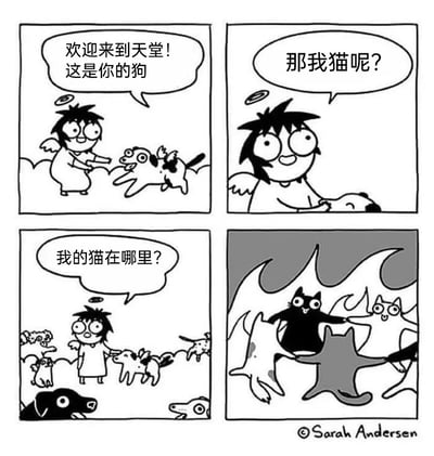 这是一幅四格连环卡通漫画，以天堂和地狱的反差制造幽默笑点。第一格中，长着翅膀、头顶光环的主角来到天堂，收到了自己的狗，配文“欢迎来到天堂！这是你的狗”；第二格主角抱着狗，疑惑地询问“那我猫呢？”；第三格主角身边围满了各式各样的狗，他急切地追问“我的猫在哪里？”；第四格画面切换到昏暗的地狱场景，几只不同颜色的猫手拉手围成圈，看起来正在欢快地狂欢，揭晓了猫的去向。漫画通过狗在天堂的温馨陪伴和猫在地狱的自在狂欢形成强烈反差，调侃了猫特立独行、不受拘束的性格，与狗的忠诚温顺形成对比，用荒诞的设定带来趣味感。