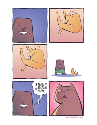 这是一组利用视觉错位制造笑点的连环卡通漫画：第一格展示了一个面带微笑的深色方块状拟人角色；第二、三格是橘猫举着“自己的胳膊”舔舐，配拟声词“NYLEM NYLEM”“NYLE--”，让读者误以为猫咪在清洁自己的肢体；第四格反转视角，露出穿着绿色内裤的方块角色，原来猫咪舔的是这个角色的胳膊，猫咪本身体型很小；第五格方块角色笑着对猫咪说“你是世界上最完美的小猫”；第六格橘猫露出震惊、不敢置信的表情，整个漫画通过视角错觉营造出荒诞搞笑的效果。