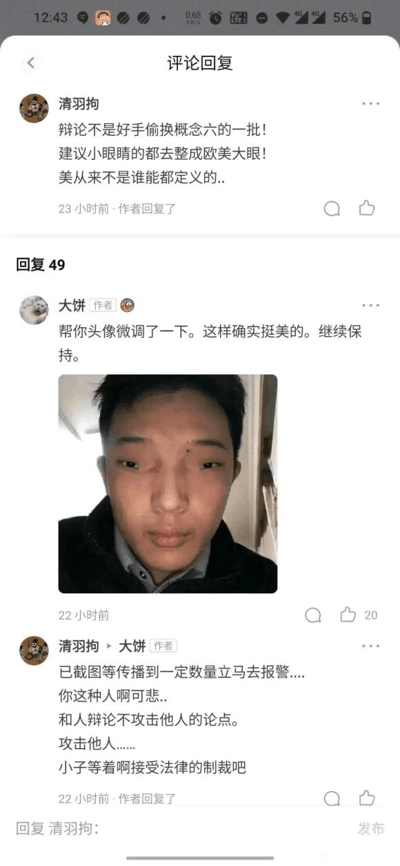 这是一张社交媒体的评论回复截图，记录了一场因审美观点引发的网络争执。用户“清羽拘”首先发表评论，指责对方辩论时偷换概念，同时提出“建议小眼睛的都去整成欧美大眼”的观点，又表示“美从来不是谁能都定义的”；随后作者“大饼”发布了一张经过P图的“清羽拘”头像照片，调侃称“帮你头像微调了一下。这样确实挺美的。继续保持”；“清羽拘”看到后回复，称已截图，等传播到一定数量就报警，指责作者辩论时不攻击论点而是人身攻击，放话要让作者接受法律制裁。整个事件围绕审美争议展开，最终升级为P图纠纷，涉及网络维权的相关言论。