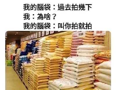 这是一张顶配底文的静态搞笑梗图，上方以三段对话模拟“我”与“我的脑袋”的互动：脑袋突然要求“我”去拍几下，“我”提出疑问，脑袋则强硬要求照做；下方是超市场景中堆叠得极其密集、看似一碰就会全部倒塌的各类袋装米面。图中用这个危险的堆叠场景隐喻“拍脑袋”行为——既指字面意义的拍脑袋动作，也暗指不经思考、冲动行事的行为，暗示这类行为会像触碰这些米袋一样引发混乱，通过无厘头的对话和夸张的画面结合，制造出搞笑的效果，讽刺了那些毫无逻辑、突如其来的指令或冲动的行事风格。