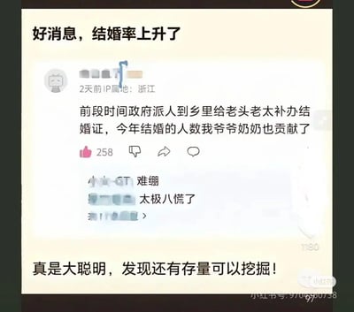 这是一张社交媒体截图，主要内容是关于结婚率上升的调侃。图片上方有标题"好消息，结婚率上升了"，中间是一条用户评论截图，内容为："前段时间政府派人到乡里给老头老太补办结婚证，今年结婚的人数我爷爷奶奶也贡献了"，下方配有"真是大聪明，发现还有存量可以挖掘！"的评论。

图片通过幽默的方式揭示了结婚率上升背后的真实情况——并非新增结婚人数增加，而是政府为 elderly couples 补办结婚证导致统计数据上升，形成了一种对统计数据的讽刺。