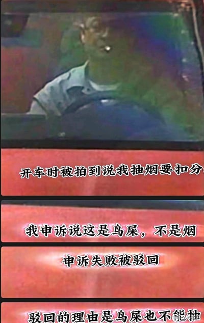 这是一张竖屏的图文混排梗图，上方是司机驾驶车辆的视频截图，司机嘴边的鸟屎被电子眼误判为抽烟的烟头；下方分四段文字讲述了一段荒诞搞笑的虚构经历：开车时被拍到判定抽烟要扣分，司机申诉称嘴边是鸟屎不是烟，结果申诉失败被驳回，驳回理由更是离谱——‘鸟屎也不能抽’。梗图通过强词夺理的荒诞逻辑，将‘叼着鸟屎’曲解为‘抽鸟屎’，用一本正经的离谱判定制造反差笑点，吐槽交通违章判定中的乌龙情况。
