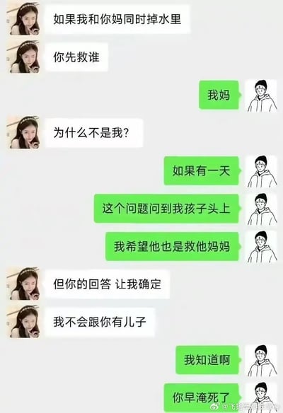 这张图片展示了男生和女生在微信的经典情感对话梗：“如果我和你妈同时掉水里你先救谁”。男生坚定选择救妈妈，还讲述自己以后也希望儿子救妈妈，女生听完决定和男生分手，男生则用“你早淹死了”做结尾。整体对话搞笑又带点讽刺和无奈，典型反映网络流行的恋爱情景梗。