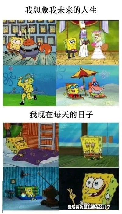 图片分为上下两部分，上半部分标题为“我想象我未来的人生”，包含四张图：蟹老板站在满墙 diplomas 前（象征成功）、海绵宝宝与角色穿婚纱礼服（象征婚姻）、肌肉海绵宝宝跑步（象征健身）、海绵宝宝和派大星躺椅撑伞休息（象征休闲）。下半部分标题为“我现在每天的日子”，包含四张图：海绵宝宝躺床（懒惰）、疲惫坐书桌前（无聊）、独坐破电视旁（孤独）、海绵宝宝指向自己配文“我所有的朋友都在这儿了”（自嘲孤独）。通过海绵宝宝系列角色的对比，幽默展现理想未来与 mundane 现实的反差。