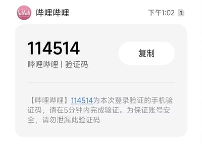 这是一张手机端收到的哔哩哔哩（B站）登录验证码通知截图，显示的验证码为114514。114514是源自inm亚文化圈的经典数字梗，有着谐音玩梗的趣味效果，随机出现这个验证码的情况十分巧合，充满趣味性。通知内容提示该验证码需在5分钟内完成登录验证，同时提醒用户勿泄露验证码以保障账号安全。