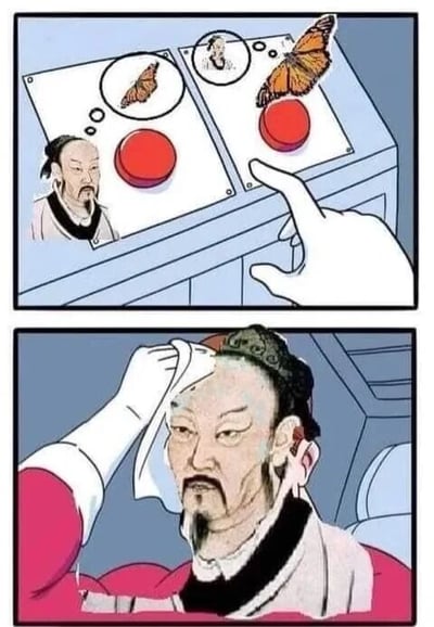上下两格连环漫画。上格中一位身着古装的官员面对两个红色按钮，左侧按钮上方的气泡中有一只蝴蝶，右侧按钮上方气泡中有官员自己和蝴蝶，一只手指向右侧按钮。下格中该官员眉头紧锁，有人用白色手套拿着布为他擦拭额头，表情凝重。通过古今元素（现代按钮与古装人物）的混搭制造幽默效果，暗示面对相似选择时的纠结或压力情境。
