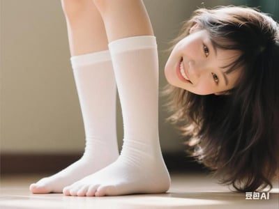 这是一张AI生成的静态竖图，画面呈现一位留着深色齐肩碎发的元气少女，她俯身将头部贴近地面，脸上露出灿烂治愈的笑容，双脚穿着白色中筒袜踩在室内的浅棕色地板上，整体风格清新柔和，充满青春活力，没有双关、谐音梗或暗示类内容。