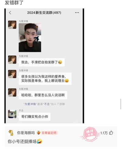 这是一张拼接了微信聊天记录和平台神评的静态图，展示了用户“为爱冲锋”在2024新生交流群里的社死又搞笑的经历：他手滑将自拍发到群里，随后解释自己看起来像“养鱼”（同时和多个异性暧昧）但实际是单身，见群里没人回应，他便邀请名为“不念”的用户进群，该用户随即夸赞他“有点小帅”，下方的神评直接戳破这一行为，调侃“你小号还挺捧场”，将这场自导自演的尴尬瞬间变得更加搞笑。
